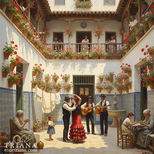 Recreación histórica de un patio de vecinos en Triana con flores y vida vecinal