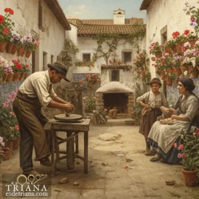 Recreación histórica de un patio de vecinos en Triana con flores y vida vecinal