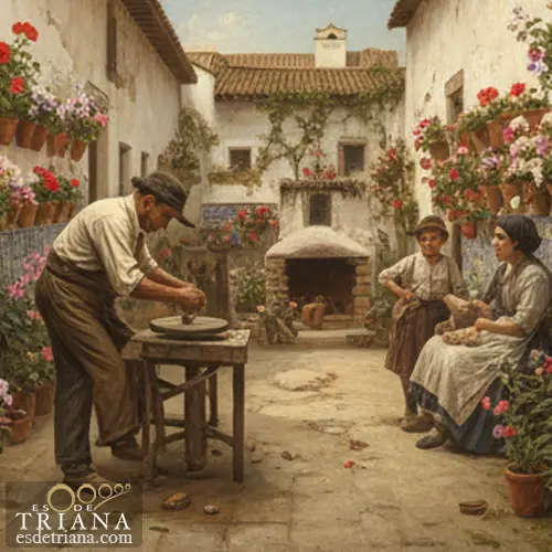 Recreación histórica de un patio de vecinos en Triana con flores y vida vecinal